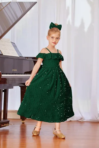 Vista 3 de GRACE KARIN Vestido de niña con hombros descubiertos y lentejuelas brillantes con nudo de lazo, 6-12 años