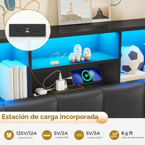 Vista 4 de VIAGDO Marcos de Cama Individuales con Cabecera de Estantería, Marco de Cama de Madera Tamaño Individual con Estación de Carga, 4 Cajones de Negro