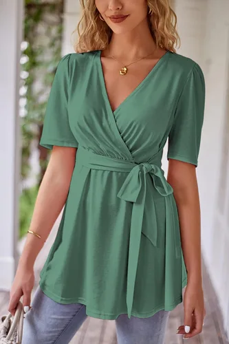 Vista 2 de LAISHEN Camisas de maternidad para mujer, manga corta, con lazo frontal, para maternidad