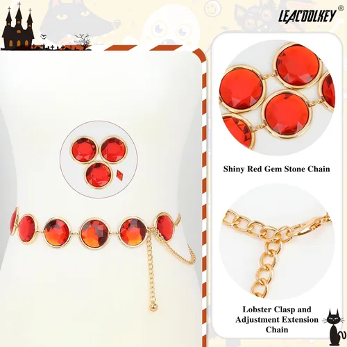 Vista 2 de LEACOOLKEY Women Anime Cosplay Chain Belt Red Stone Gold Waist Belt for Halloween Adjustable