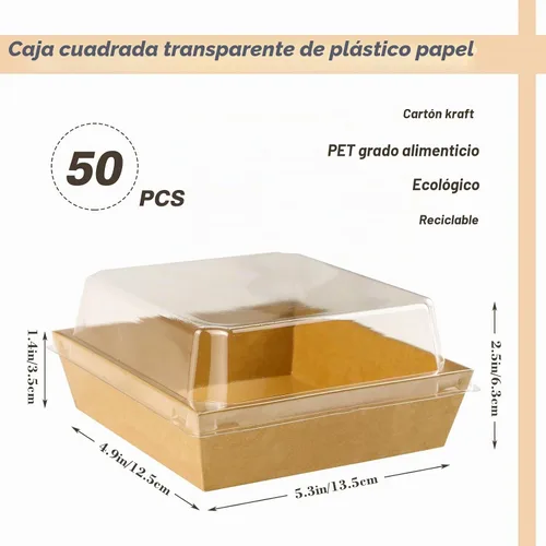 Vista 2 de Paquete de 50 cajas de embutidos de 5 pulgadas con tapas transparentes, color marrón To Go Paper Square Charcuterie Box,Small Disposable Food