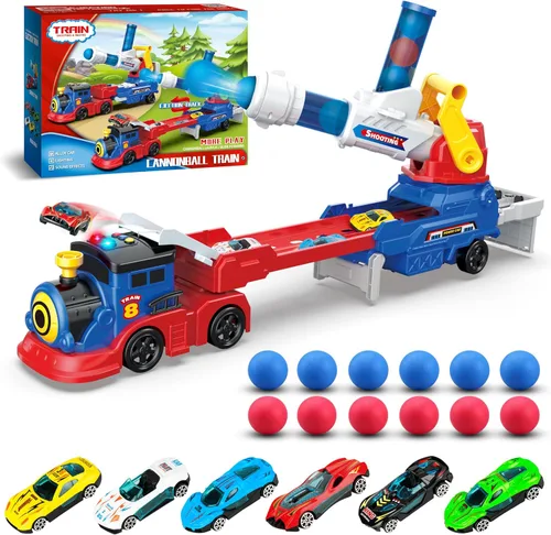 Vista 11 de Juego de tren de juguete 2 en 1 para niños pequeños, base de tren de catapulta con grúa torre móvil, 8 pequeños trenes magnéticos, efecto de luz