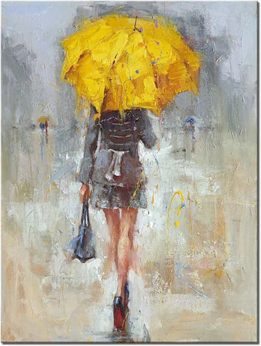 Vista 7 de Lienzo de pared con paraguas de niña con vestido caqui caminando en la calle lluvia pintura arte moderno lienzo abstracto obra de arte