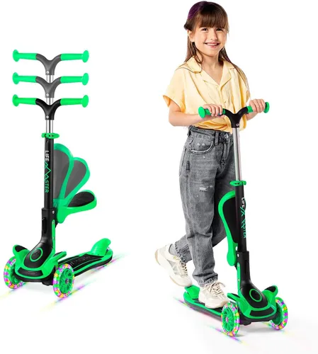 Vista 13 de Scooter de 3 ruedas para niños con asiento plegable, altura ajustable del manubrio, juguete de paseo inclinado para conducir para niños a partir