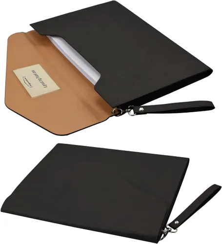 Vista 3 de Carpeta de cuero PU A4 para documentos, carpeta con estilo de cartera con correa y cierre magnético invisible (negro)