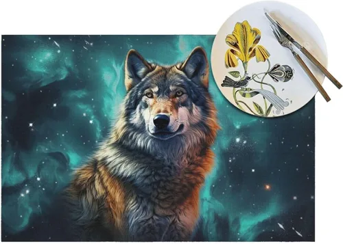 Vista 5 de 6 PCS PVC Placemats Set Place Mats A Wolf Stands in Front of The Starry Sky Non-Slip Weave Place Mats 12" x 18" Farmhouse Table Mat Set for Family