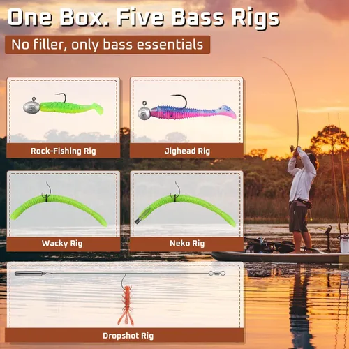 Vista 3 de Kit de caja de aparejos, sistema de 5 aparejos pre-aparejos para pesca de lubina Rock-Fishing, Jigheads, Neko, Wacky, Dropshot Rigs, 59 Piezas