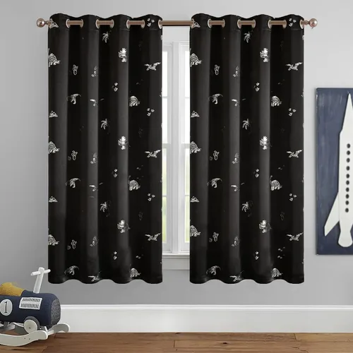 Vista 2 de Vangao - Cortinas para niños con impresión de dinosaurio en negro, cortinas opacas para guardería, habitación de niñas y niños, estampado plateado