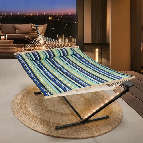 Vista 13 de SUNCREAT Hamaca doble con soporte de 12 pies, luces solares incluidas, hamaca al aire libre para exterior, gris oscuro