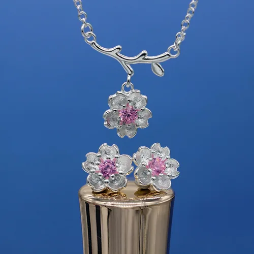 Vista 5 de Uloveido Juego de pendientes y collar de flores de piedra de cristal rosa púrpura para mujeres nupciales chapado en oro blanco DT340