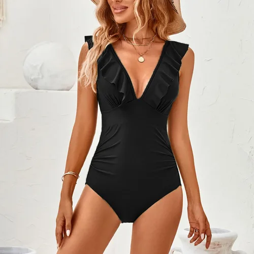 Vista 6 de TcIFE Traje de baño de una pieza para mujer, con control de abdomen, volantes, cuello en V, push up, monokinis