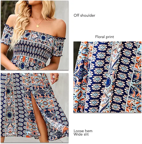Vista 6 de GOTOTOP Vestido largo de verano con abertura y hombros descubiertos para mujer, estilo bohemio, estampado floral, acampanado, con vuelo