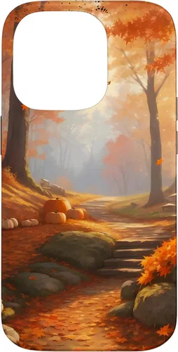Vista 17 de iPhone 13 Pro Max Idílica escena del bosque de otoño, hojas de otoño, funda de calabazas