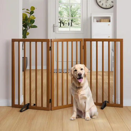 Vista 30 de Semiocthome Puertas de bambú para perros para interiores, puertas independientes de 2 paneles para cachorros para la casa con 2 soportes de metal