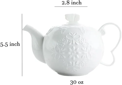 Vista 7 de Sizikato Tetera de porcelana blanca con tapa, cafetera de 30 onzas, flor y mariposa en relieve