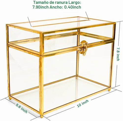 Vista 5 de YIMORENCE V Tarjetero de cristal dorado – Caja de sobres de boda con forma rectangular con ranura y pie, perfecto para recepción y centro de mesa
