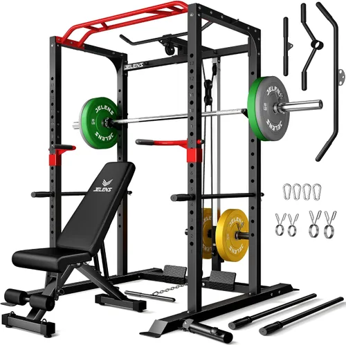 Vista 12 de Jaula de potencia JELENS, banco multifunción S11 con capacidad de 2000LBS, barra para sentadillas con sistema de poleas ajustable y más accesorios