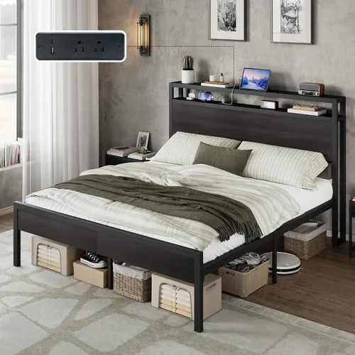 Vista 8 de AMERLIFE Base de cama tamaño Queen con cabecera de almacenamiento y estación de carga, cama de plataforma de metal industrial con gran Negro