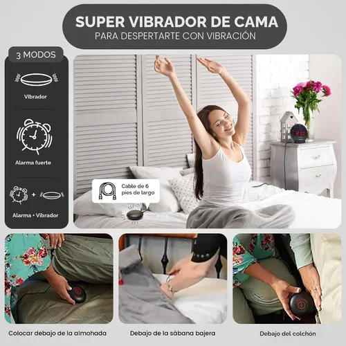 Vista 2 de Sonic Bomb - Reloj despertador doble extra fuerte con vibrador de cama, negro Sonic Alert vibrante, para personas de sueño pesado, batería