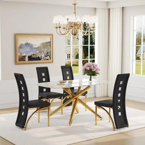 Vista 40 de Juego de mesa de comedor moderna para mesa de comedor negra de 4,63 pulgadas, juego de 4 con patas de metal dorado, mesa de cocina rectangular