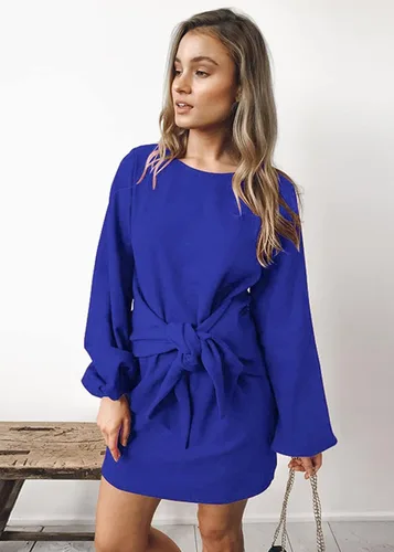 Vista 5 de PRETTYGARDEN - Vestido corto y elegante de fiesta para mujer, con cuello redondo, manga farol, tejido de punto y para atar en la cintura