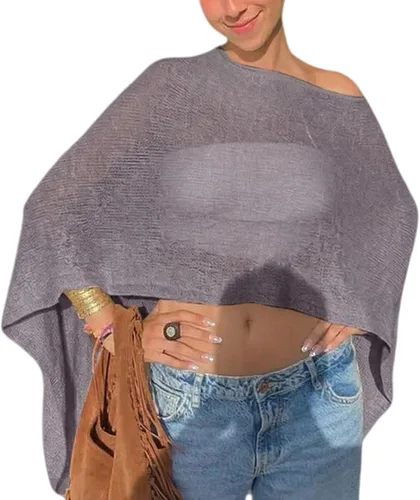 Vista 5 de Amiblvowa Poncho transparente para mujer, poncho de punto Y2K Negro