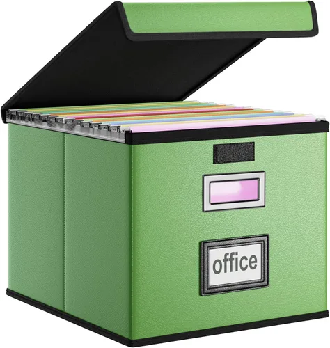 Vista 8 de Caja organizadora de archivos Huolewa con tapa, caja organizadora de carpetas de archivos colgantes de cuero sintético plegable con deslizadores