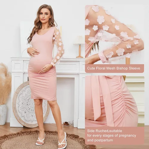 Vista 5 de Vestido midi de maternidad de manga larga con malla floral, vestido ajustado de maternidad para baby shower, sesión de fotos