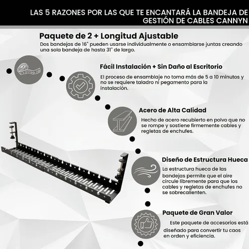 Vista 2 de Bandeja de Gestión de Cables Bajo el Escritorio Sin Taladro - Extensible de 16" a 31" de Acero Resistente Ocultador de Cables de Escritorio
