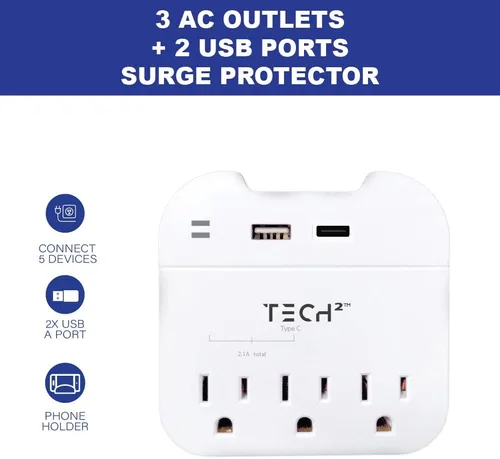 Vista 6 de Protector contra sobretensiones de salida de pared con puertos USB, extensor de 3 salidas con 2 puertos USB (1 USB-C) - Regleta de alimentación