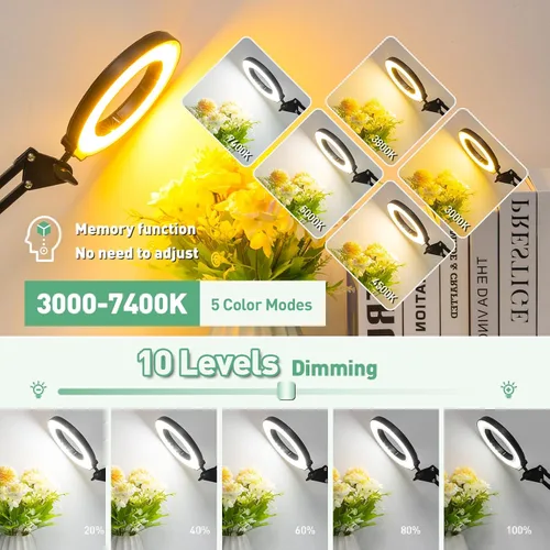 Vista 4 de Lupa 12X con luz con abrazadera, brazo largo extendido de 35.2 pulgadas Overhead Button Magnifier Lamp 4.2in Real Glass, Adjustable