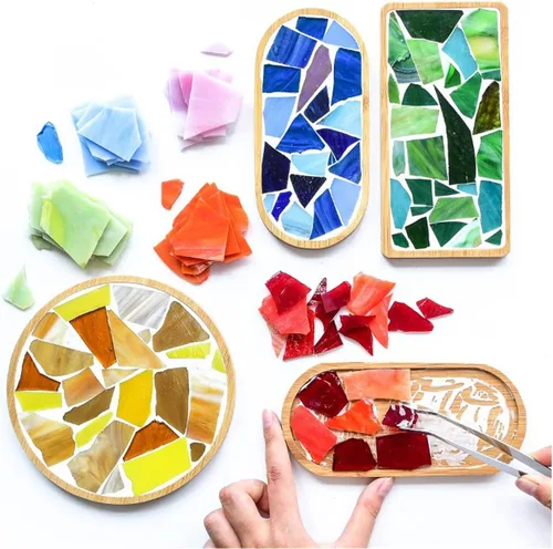 Vista 4 de Hojas de mosaico de vidrio teñido mixto de 7 onzas, azulejos de mosaico de vidrio roto grandes para manualidades, suministros de mosaico de pared