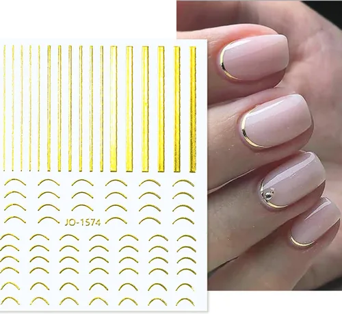 Vista 3 de 12 hojas de calcomanías de uñas doradas, calcomanías de uñas autoadhesivas 3D de metal con diseño de rayas geométricas onduladas, diseños de arte