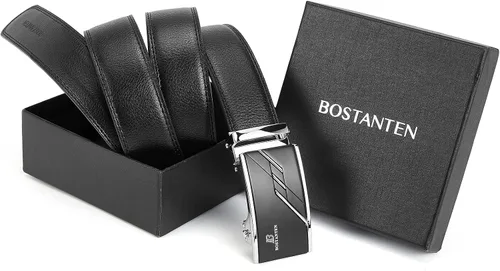 Vista 7 de BOSTANTEN Cinturón de cuero con trinquete para hombre con hebilla ajustable deslizante, corte para adaptarse, Negro