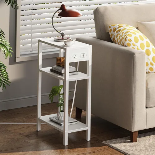 Vista 15 de TUTOTAK - Mesa auxiliar pequeña con estación de carga; mesa lateral estrecha con puertos USB y tomas de corriente; mesa de sofá delgada; mesita