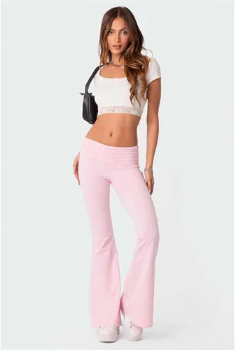 Vista 5 de ABYOVRT Leggings acampanados para mujer, cintura elástica doblada, pantalones de yoga para entrenamiento, pantalones casuales ajustados con corte