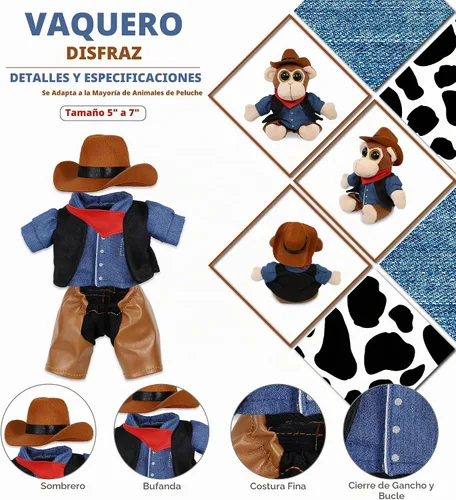 Vista 2 de DolliBu - Disfraz de vaquero de peluche, traje del oeste, pequeño para 5-7 pulgadas