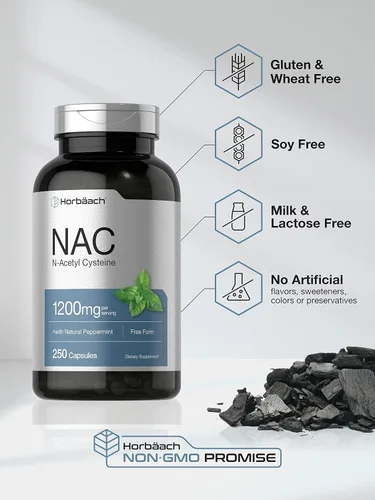 Vista 4 de Suplemento Horbäach NAC N-Acetil Cisteína 1200mg 250 Cápsulas en Polvo para Mujeres y Hombres con Menta Natural Sin GMO, Sin Gluten