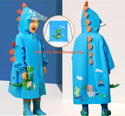 Vista 3 de Fewlby Chubasquero para niños y niñas, poncho de lluvia Waterpoof, chaqueta de lluvia para niños, ropa impermeable de dibujos animados de 2 a 8 años