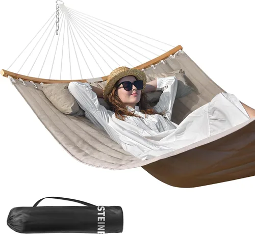 Vista 14 de Hamaca doble, hamaca de tela acolchada de 11 pies para 2 personas para exteriores con almohada, barra separadora curvada plegable, cadenas, bolsa