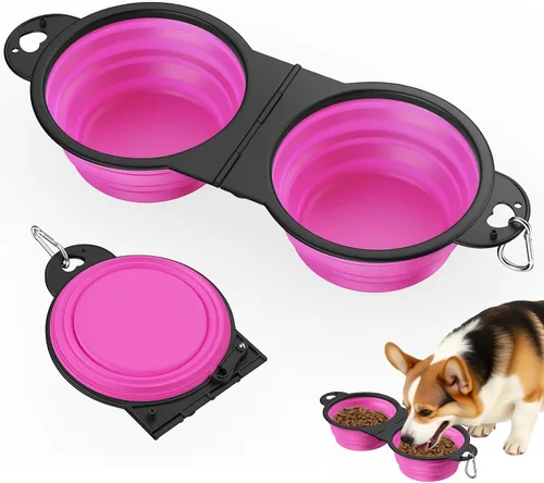 Vista 15 de Pawaboo Cuencos plegables 2 en 1 para perros, cuencos dobles para comida y agua, cuenco de silicona portátil de 180° con gancho de metal, comedero