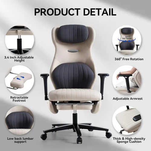 Vista 9 de EMIAH Silla de oficina ergonómica con reposapiés, silla de oficina reclinable con brazos ajustables y reposacabezas, silla de juegos de respaldo