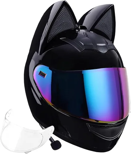Vista 14 de Casco Bluetooth de motocicleta con orejas de gato, certificado DOT, casco de motocicleta de cara completa, lindos cascos de gato con visera HD
