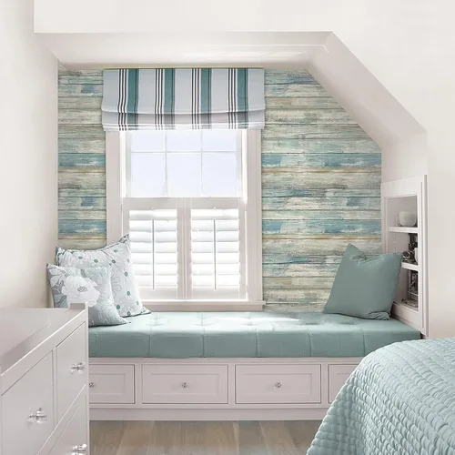 Vista 5 de Papel pintado de madera para despegar y pegar, papel de contacto vintage Azul