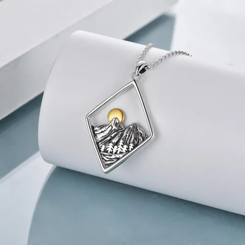 Vista 3 de YFN Collar de plata de ley con dije de onda del océano y cadena de montaña, regalo de joyería para esquiadores, excursionistas, campistas