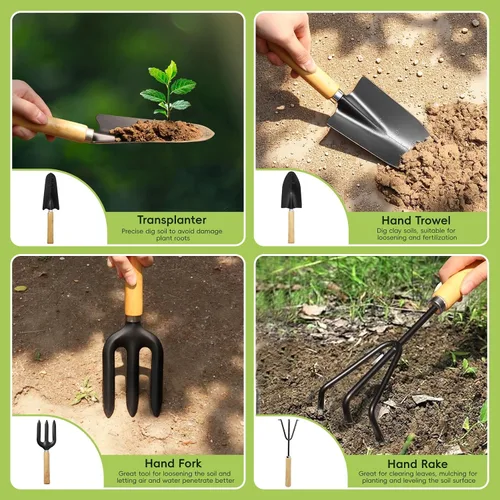 Vista 3 de Juego de herramientas de jardinería de 9 piezas, juego de herramientas de jardín resistentes con mango de madera, herramientas de mano premium