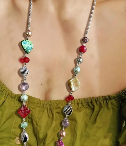 Vista 4 de FULU AUTUMN Collares largos de cuentas para mujer, collar de cadena de eslabones de plata con cuentas de cristal de concha, regalos de fiesta