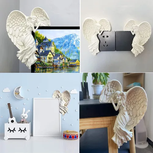Vista 2 de Holiberty Decoración de marco de puerta de estatua de ángel, figura creativa de ángel en 3D, decoración de pared de mesa con alas