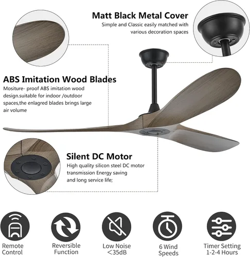 Vista 6 de Ventilador de techo de 52 pulgadas sin luz, ventilador de techo para exteriores con control remoto, 3 cuchillas de plástico con gran flujo de aire