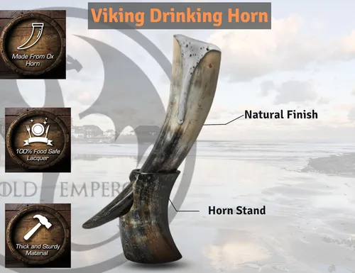 Vista 4 de OLDEMPEROR - Cuerno vikingo de 12 pulgadas con cuerno, taza de cerveza hecha a mano, grado alimenticio, buey genuino único con soporte de hierro